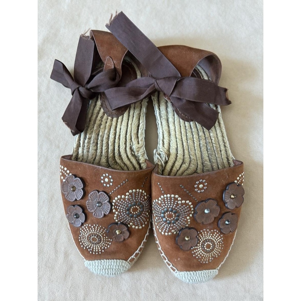Coach Espadrille Flats Womens 8.5 Brown Suede Floral Studded Ribbon Boho G2054